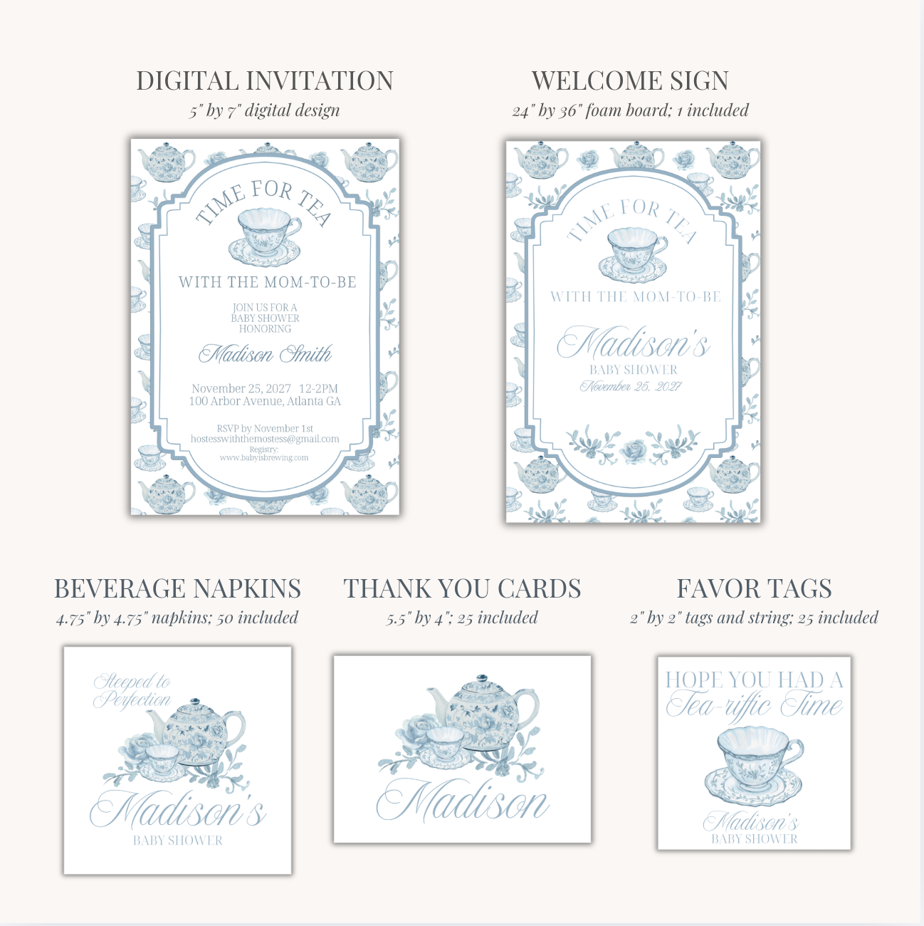'Time for Tea with the Mom-to-Be' Baby Shower Collection in Powder Blue
