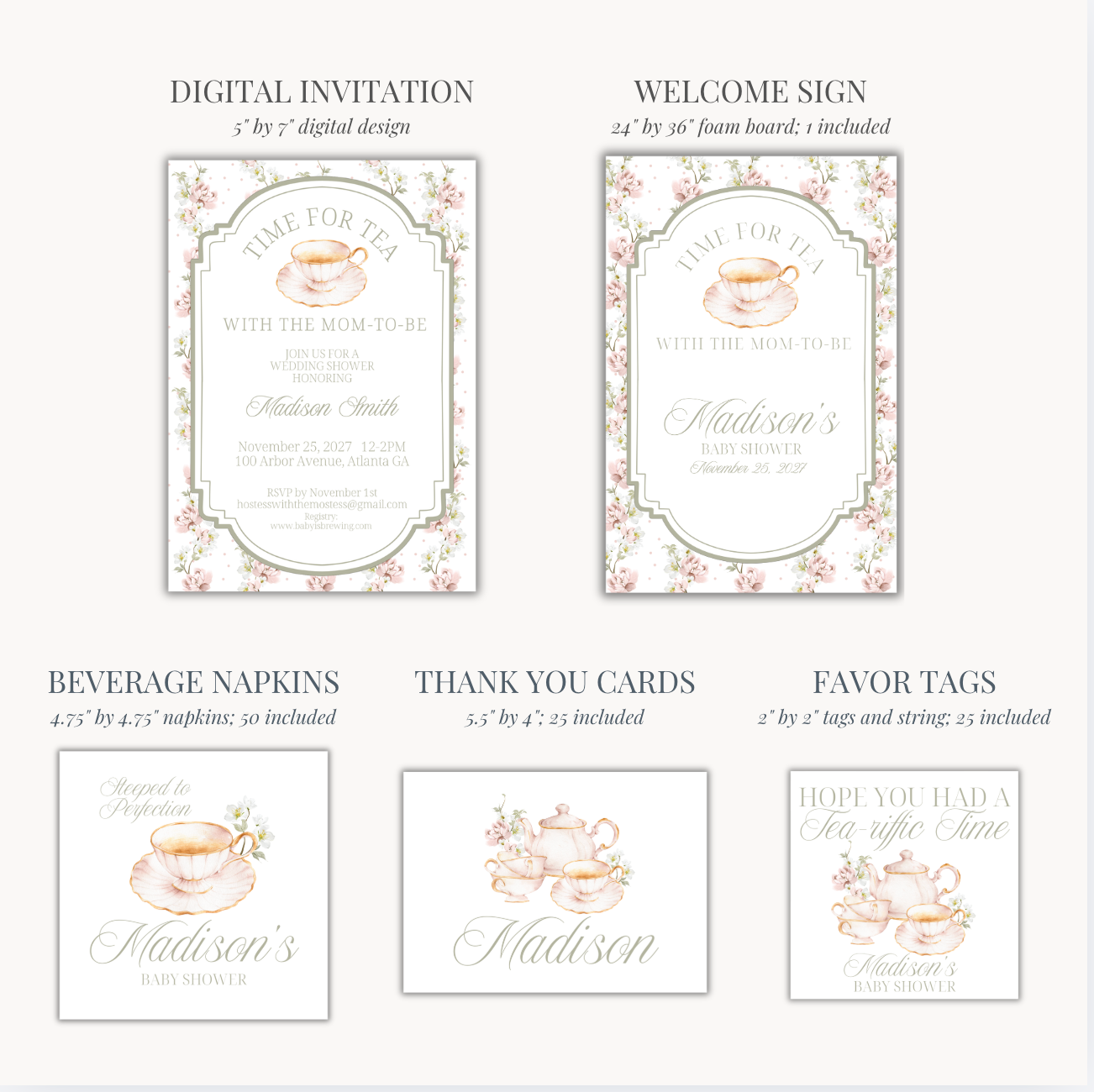 'Time for Tea with the Mom-to-Be' Baby Shower Collection in Dusty Rose